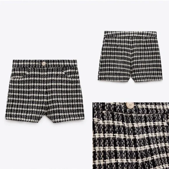 Zara black white textured woven tweed high waisted shorts Sz L NWT - Picture 2 of 15